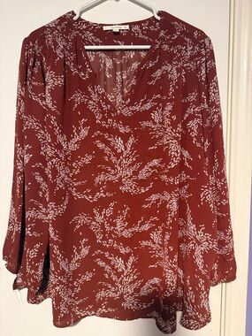 fun 2 fun Rust Red & White V-Neck Botanical Print Blouse